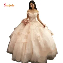 Круглые бусины платья Бальные платья с открытыми плечами рюшами Многоуровневое Пышное расшитое бисером с аппликацтей на выпускной вечерние платья vestidos de15 D856