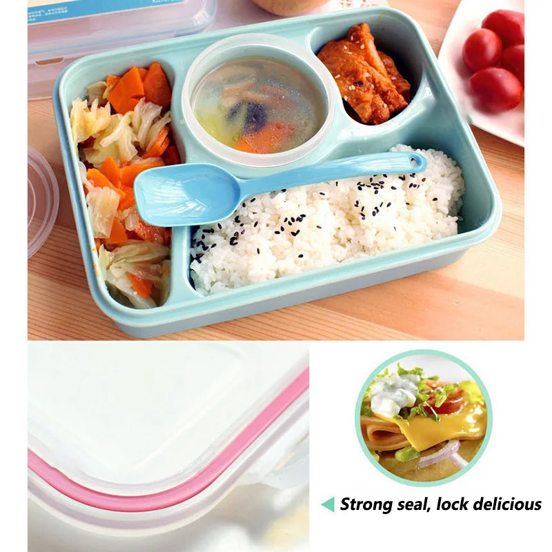 4 Cells Helath Plastic Bento Lunch Box Tableware Set Food Container Microwave School Lunch Boxes Sub-grid Design With Spoon (9)