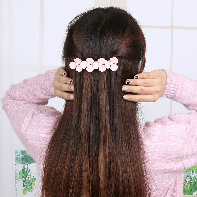 

High Quality Women Sweet Pearls Acrylic Four Clover Flowers Hair Barrette Clip 10.5cm Long FREE SHIPPING