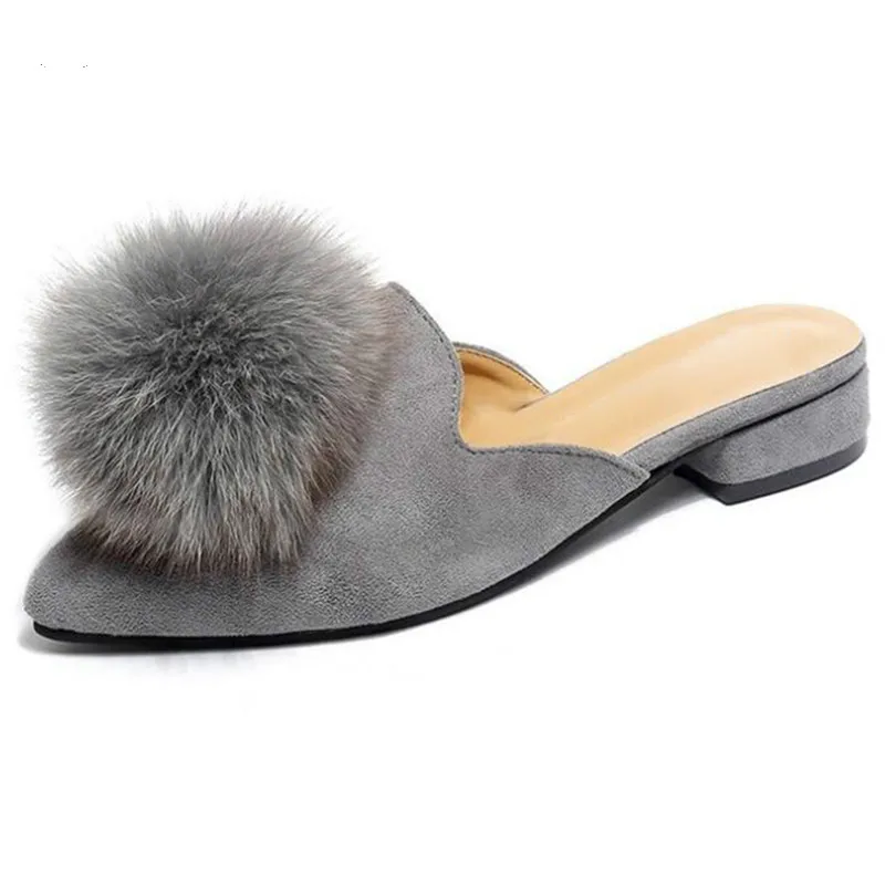 

Dropshipping Cute Furry Ball Women Slippers Mules 2019 Fashion Slingback Pointed Toe Women Slides Low Heel Women Sandals