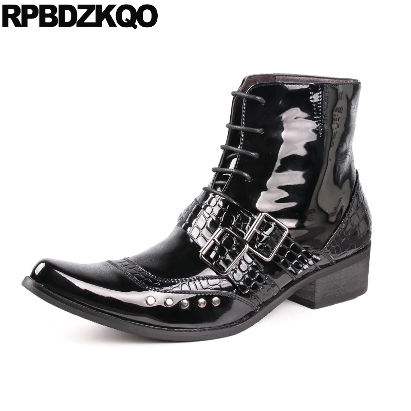Здесь продается  Punk Black High Top Rivet Crocodile Shoes Chunky Mens Patent Leather Boots Short Pointed Toe European Booties British Style Lace  Обувь