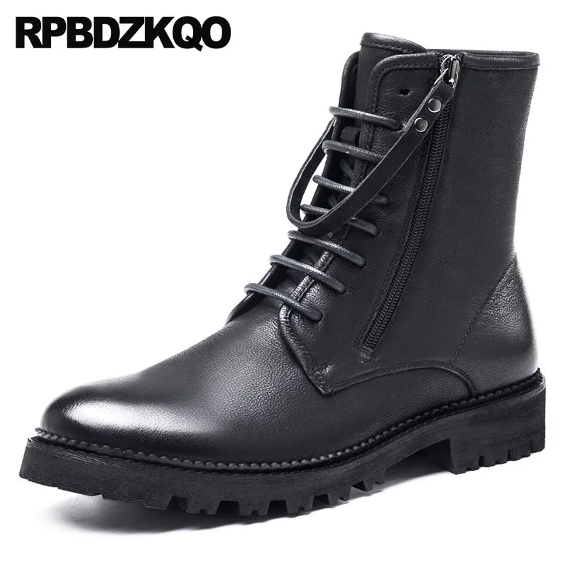 

European Chunky Shoes Zipper Mens Winter Boots Warm Full Grain Combat Faux Fur Fashion Army Ankle Genuine Leather Black Military