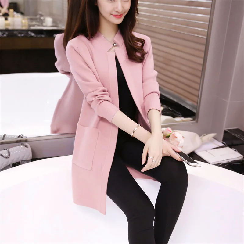 New Arrival Cardigan Women Sweater Autumn Female Coat Korean Button Long Round Collar Loose Pocket Knit Gilet Femme |