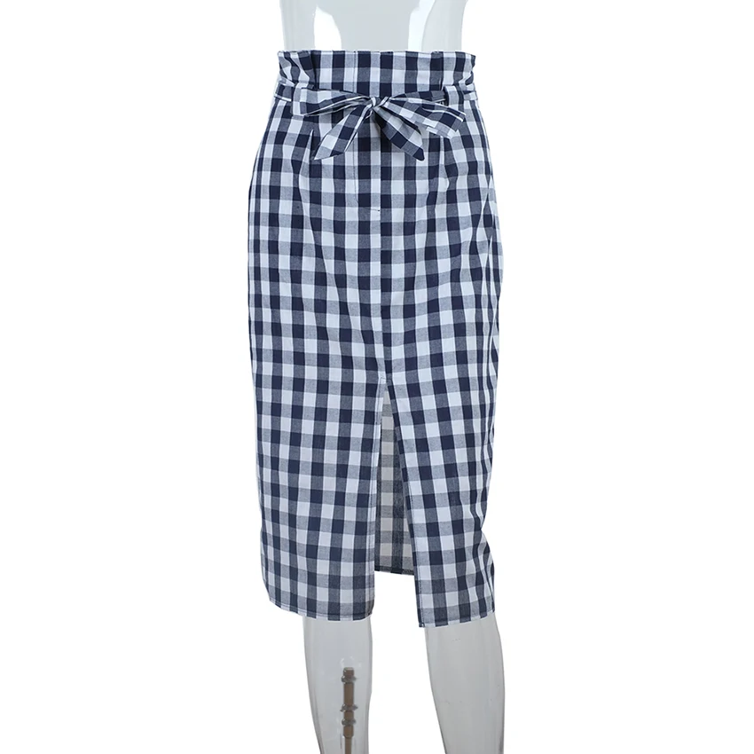 OOTN Plaid Midi Slit Pencil Skirts High Waist Women Blue White Gingham Bow Tie Long Skirts Female 2018 Summer Zipper Skirt Sexy Skirts