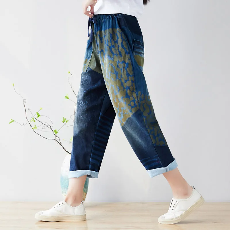 Женские брюки на весну и лето, плюс размер, с принтом, с высокой талией, повседневные,, корейская мода, женские хлопковые прямые брюки
