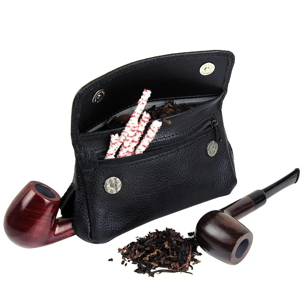 Genuine Leather Smoking Tobacco Pipe Pouch Bag Case For 2 Pipes Tamper Filter Tool Cleaner