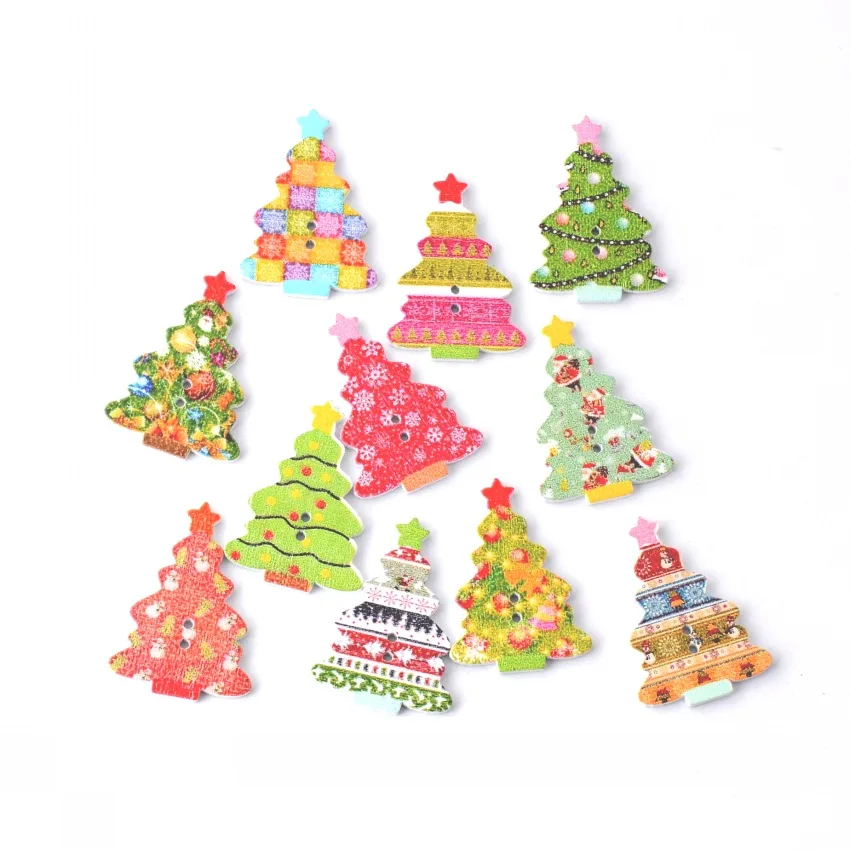 

Free Shipping Retail 10Pcs Random Mixed 2 Holes Christmas Tree Wood Sewing Buttons Scrapbooking 25x35mm