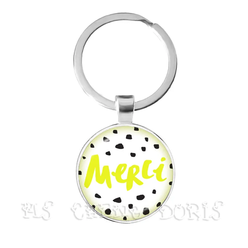 Merci Maitresse Key Chain Bohemian Jewelry Quote Keyring Round Glass Cabochons Supplies Craft Keychain Gift for Women Pendant | Украшения и