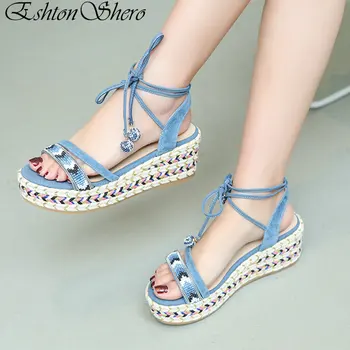 

EshtonShero Summer Shoe Womans Sandals Platform PU Wedge High Heel Round Toe Ankle Strap Ladies Wedding Beach Shoes Size 3-8