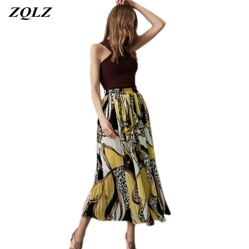 Zqlz летние с цветочным винтажным принтом женские длинные юбки Высокая эластичный шифоновый пояс Модная плиссированная юбка черный Повседневное пляжная юбка