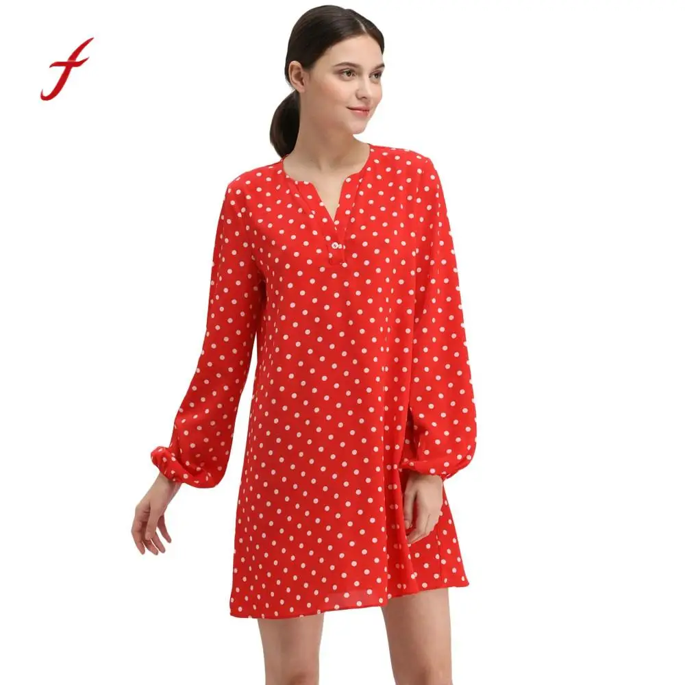 

Feitong Women Long Sleeve Mini Dress Dots Printed V Neck Loose Party Mini Dresses Lantern Sleeve For Ladies Casual Dresses /PT