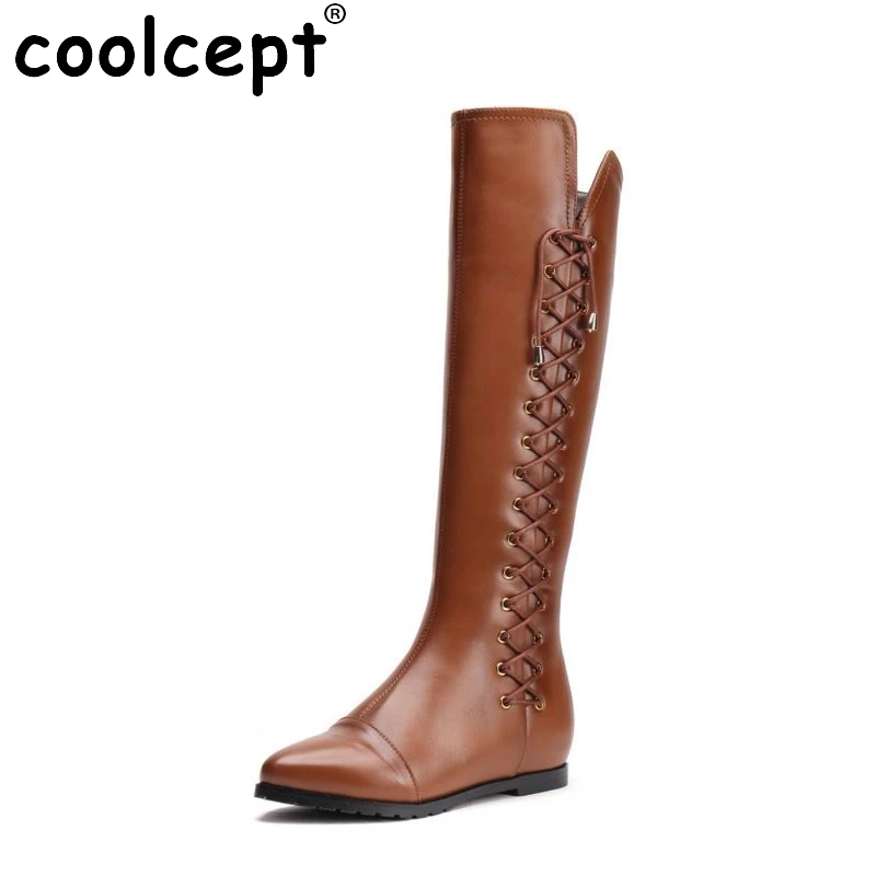 

women real genuine leather flat over knee boots brand long boot winter warm botas militares footwear shoes R7525 size 34-39