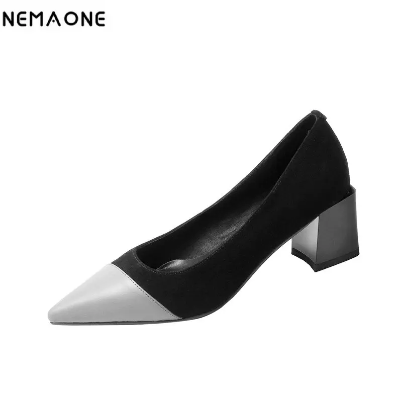 

NEMAONE autumn leather pumps woman high heels poined toe office ladies thick heel black plus size good quality shoes women
