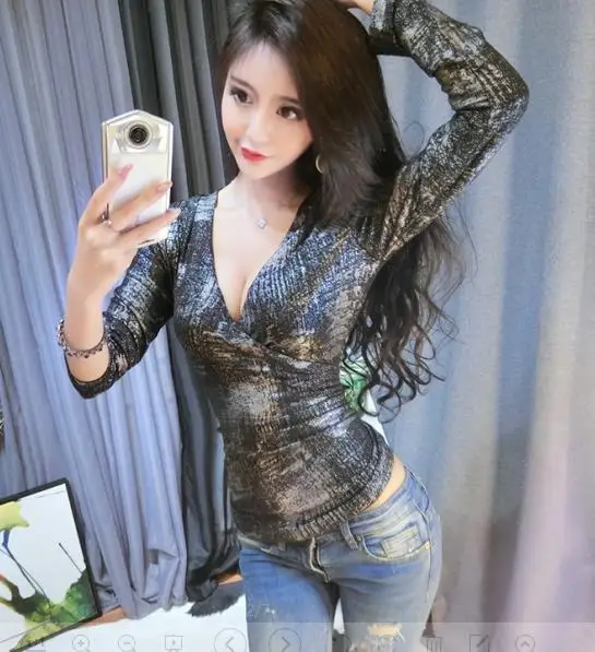 Black tshirt Корейская сексуальная тенниска с треугольным вырезом и блестками, новинка, весна-осень, женские оригинальные футболки с длинным рукавом, топы, Camiseta Mujer T93408 - Цвет: Black tshirt