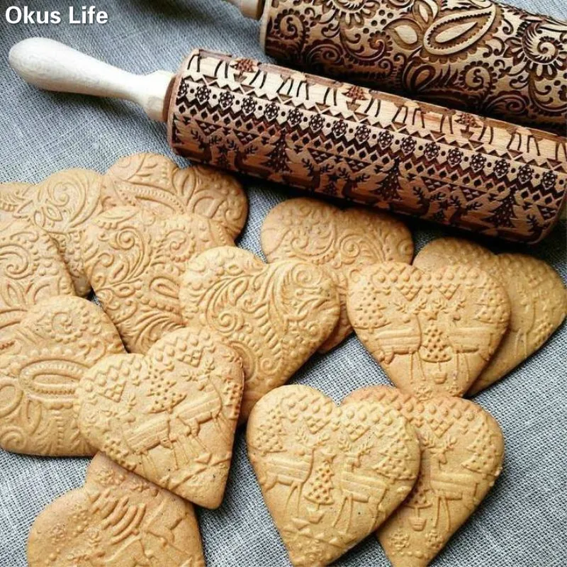 

2019 Newest Christmas Embossing Rolling Pin Baking Cookies Noodle Biscuit Fondant Cake Dough Engraved Roller Reindeer Snowflake