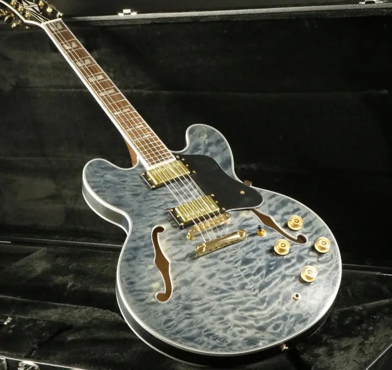 

Good Sound Semi Hollow Body ES-335 Electric Guitar 5A Quilted Maple Veneer Good Pickups Trans BLack Grover Tuner