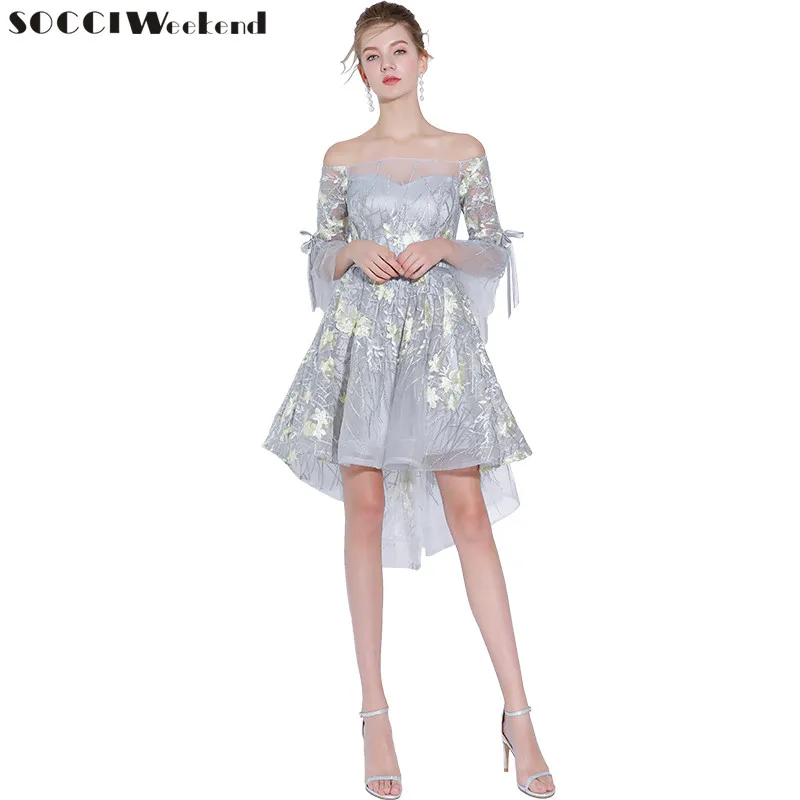 

SOCCI Weekend Embroidery Lace Cocktail Dresses 2019 New Strapless Off The Shoulder Slim Vestido De Party Dress Homecoming Gowns