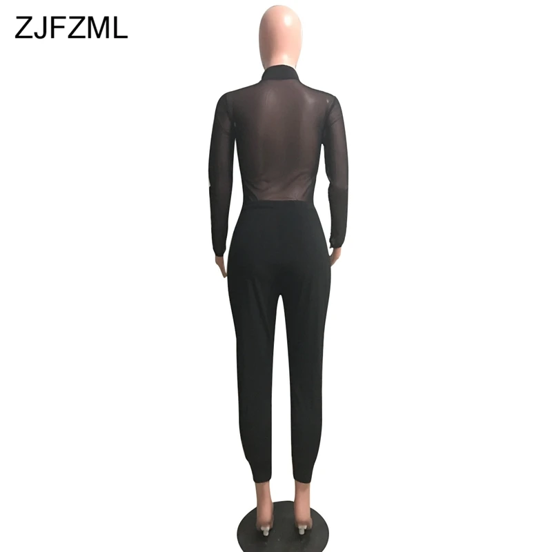 ZJFZML черная сетка прозрачная Сексуальная Женский комплект 2 шт. с принтом букв топы с длинными рукавами+ штаны для фитнеса повседневный костюм осенние спортивные костюмы