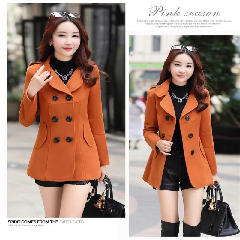 WKOUD женские шерстяные пальто Зимний Тренч пальто модное одноцветное двубортное пальто с отложным воротником тонкая верхняя одежда C8103 - Цвет: Оранжевый