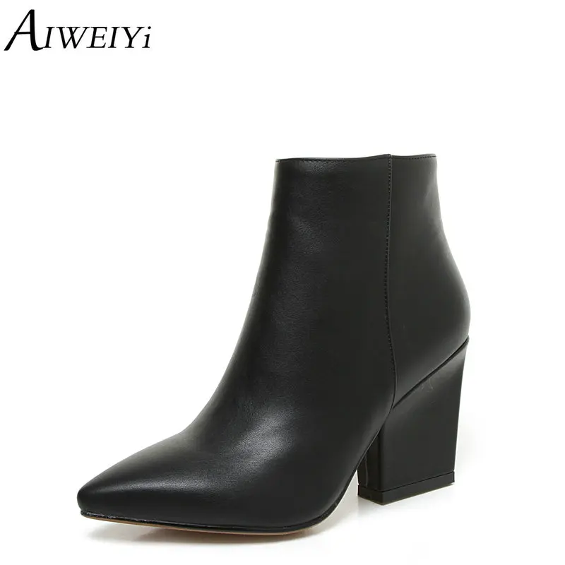 

AIWEIYi 2019 Western Style Autumn Winter Shoes Women Square High Heel Black Ankle Boots Women Concise Fashion Boots Size 34-43