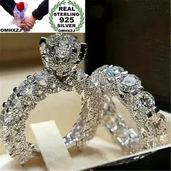 

OMHXZJ Wholesale European Fashion Woman Man Party Wedding Gift Silver White Luxury AAA Zircon 925 Sterling Silver Ring Set RR197