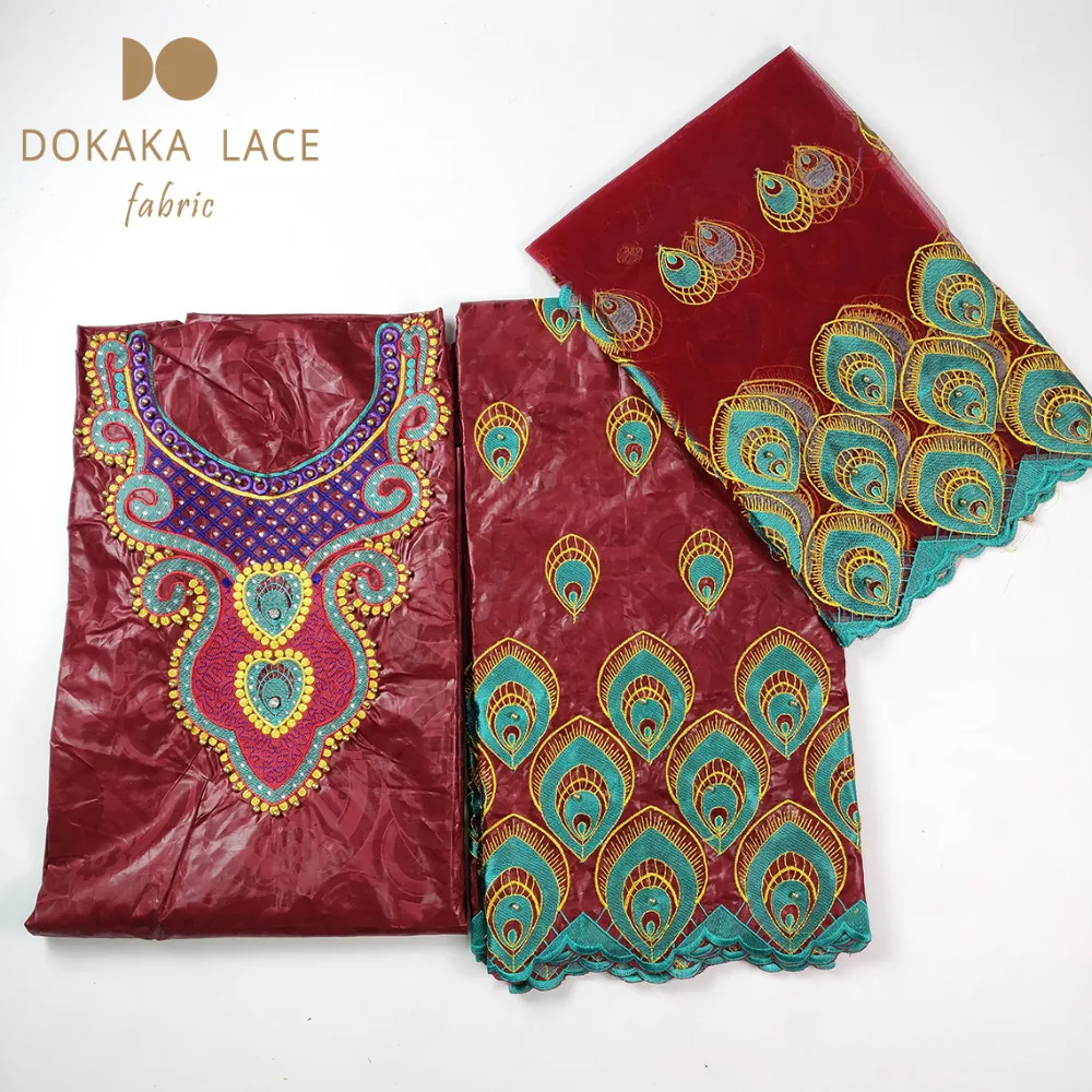 

3+2+2 Suit Design Stones Beads Bazin Riche Fabric With Net Lace Rose Red Beaded Embroidered Guipure Bain Brocade Wedding Fabric