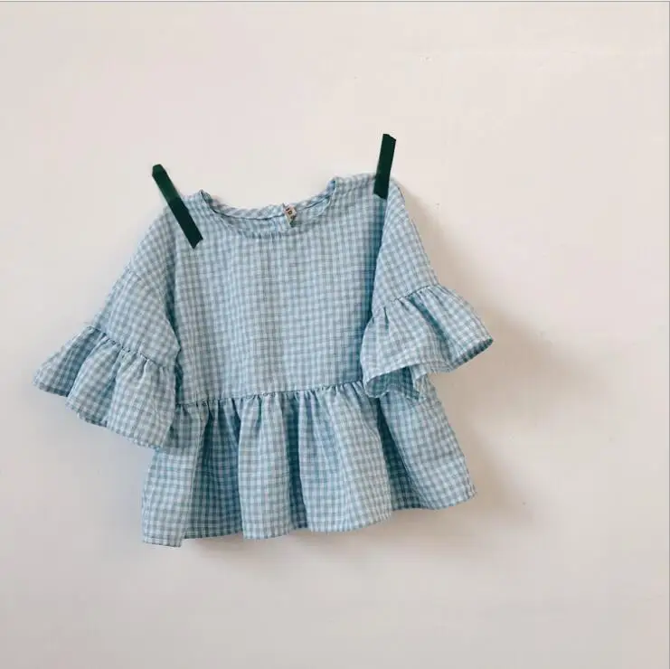 

2019 New Arrival Girls Plaid Ruffles T-Shirt Cotton Summer Short Sleeve Girls Top 1-7t PT799