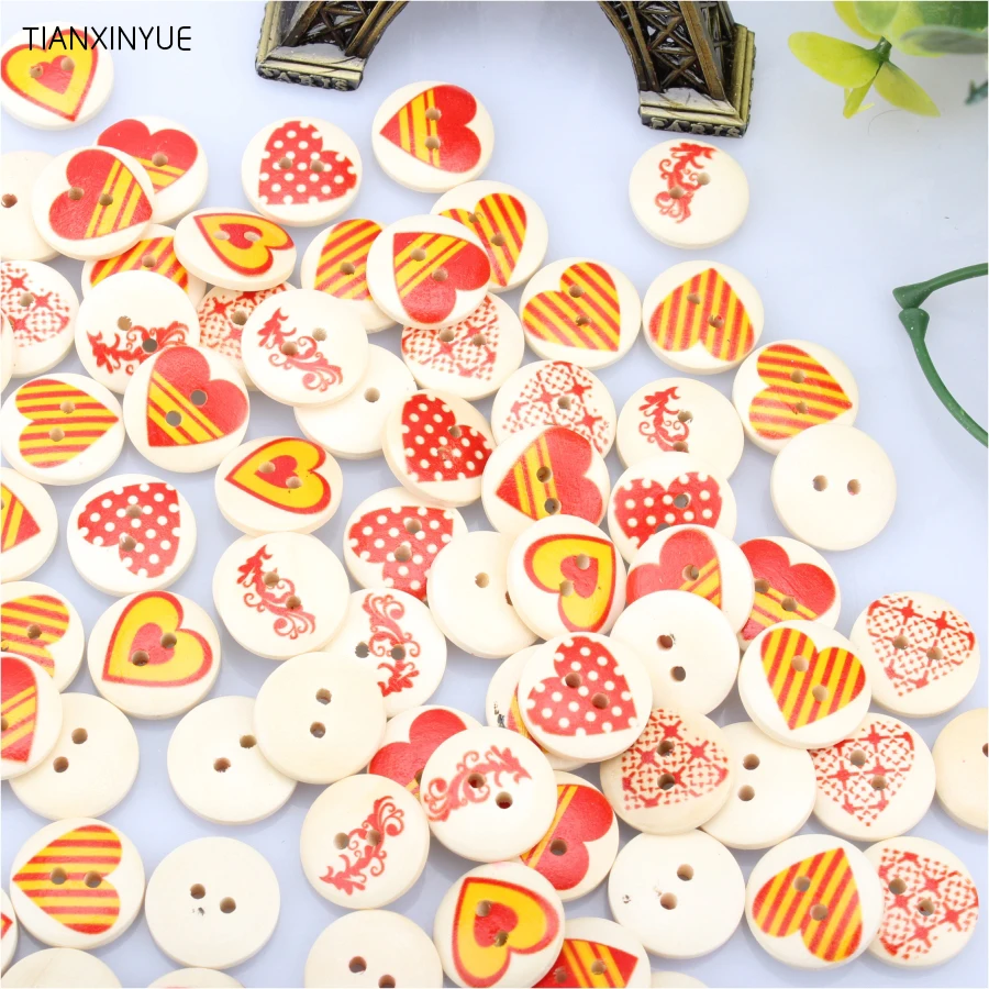 Wooden Buttons Mixed Red heart pattern Round 2-holes sewing scrapbooking 20mm