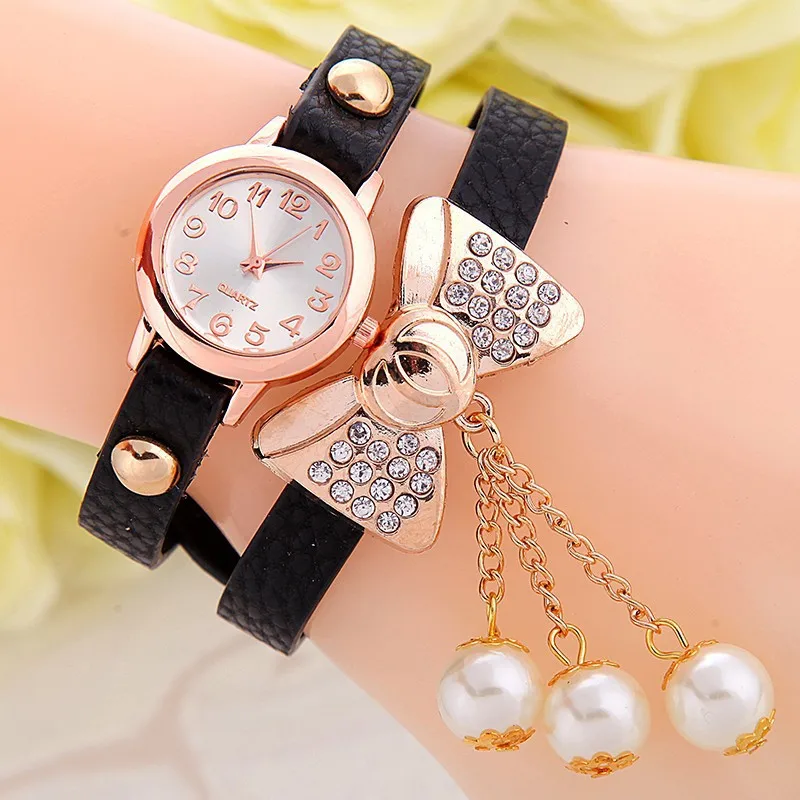 Мода лук браслет женские часы relogio feminino Наручные часы для женщин Девушка часы кожа черный, розовый кофе часы таймер