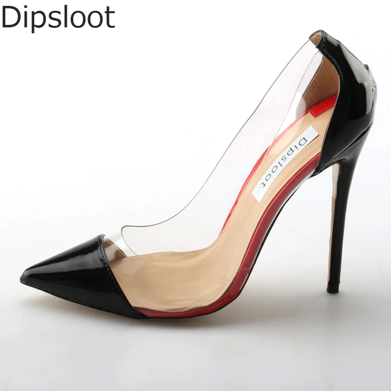 Hot Sale Black Patent Leather Clear PVC Patchwork Pumps Sexy Women