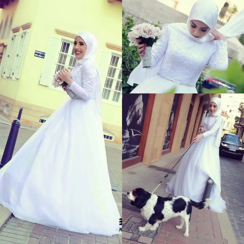 

Lace Bodice Muslim Wedding Dresses High Neck Tulle Long Sleeves Arabic Bridal Gowns With Rhinestones Belt Robe De Mariee Longo