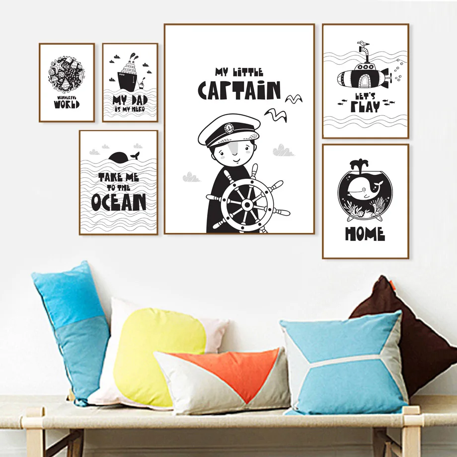 

Ocean World Captain Boy Submarine Whale Wall Art Canvas Painting Black White Nordic Posters And Prints Wall Pictures Kids Room