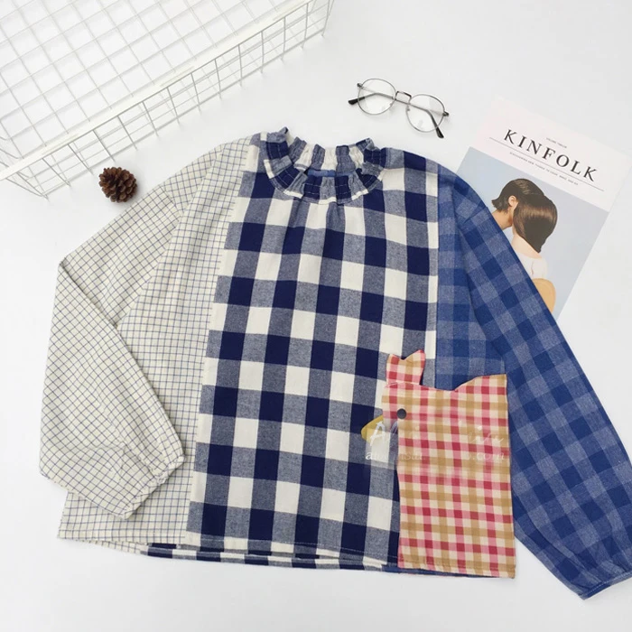 Harajuku модная женская блузка клетчатая Лоскутная плиссированная женская рубашка хлопок Высокое качество индивидуальный весенний с полным рукавом - Цвет: Синий
