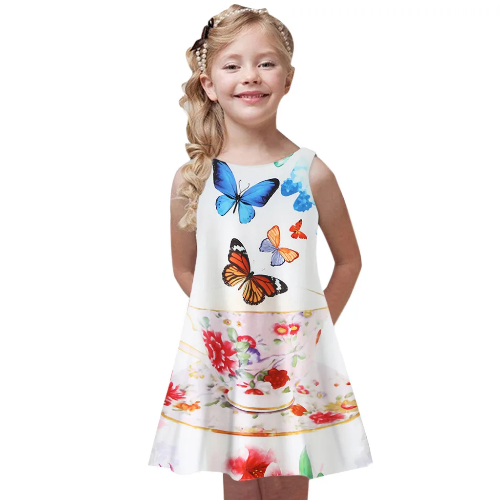 Летние платья для девочек коллекция года, пляжный сарафан без рукавов с принтом детская одежда для детей, одежда для девочек возрастом 4, 5, 6, 7, 8, 9 лет