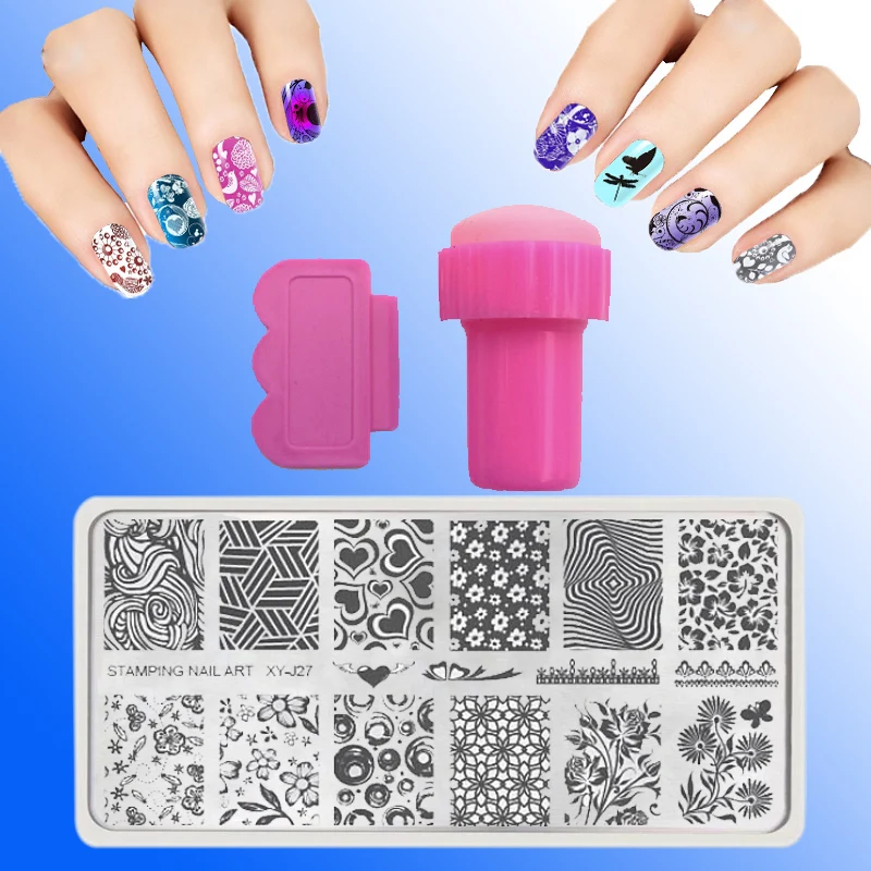 

Hot 6X12cm Popular Graphics Lace Nail Stamping PLates Set Plaid Steel Image stencils for Nail Art Template + Scraper + Red Stams