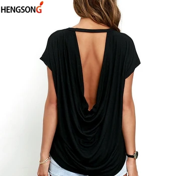 

Fashion Open Back T Shirt Women Casual Backless Short Sleeve TShirt Summer Hot Clothing Loose O-neck Tops Tees Black white