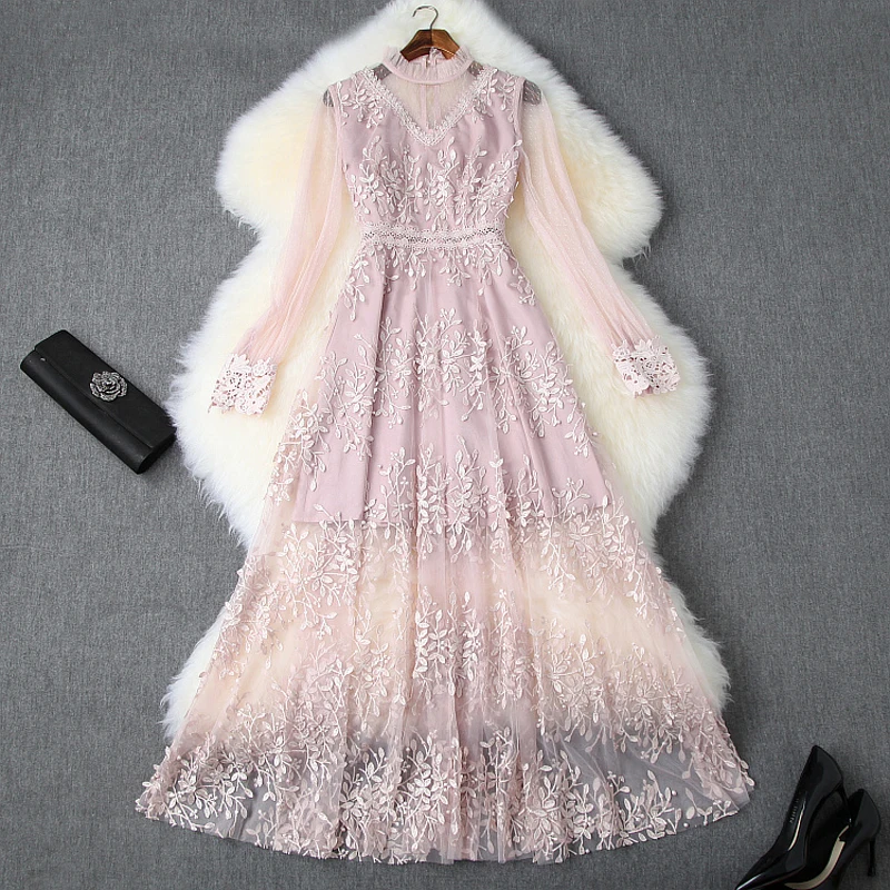 

2019 new Superior quality Fashion Beaded Long-sleeved dresses Women Vintage Sexy Princess lace dress summer Gauze party Dresses