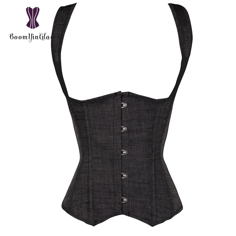 

Plus Size Denim Jean Material Shoulder Straps Waist Cincher Corset Posture Corrector Body Shapewear Vest With G String 840#