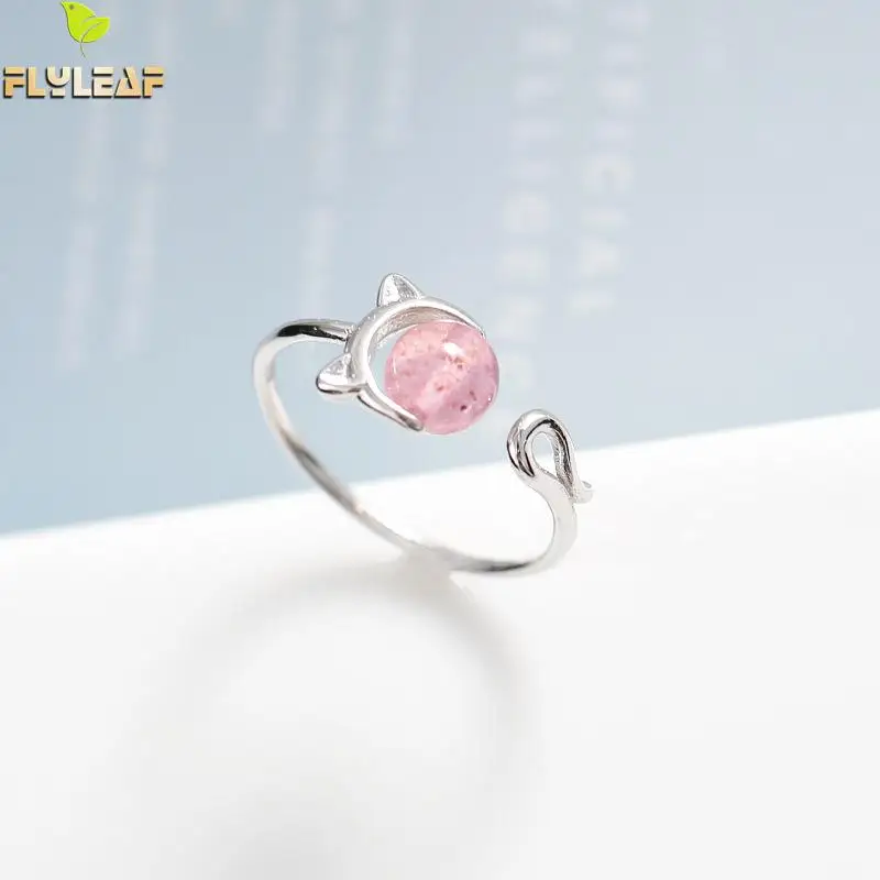 

Flyleaf 100% 925 Sterling Silver Strawberry Crystal Creative Cat Open Rings For Women Simple Fashion Party Jewelry