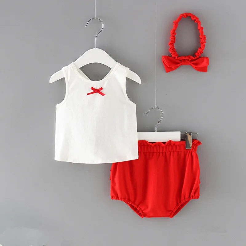 

2019 Baby Girls clothing sets Baby girls clothes set 3pcs white tops+red shorts+hairband for girls summer clothes 0-2Y