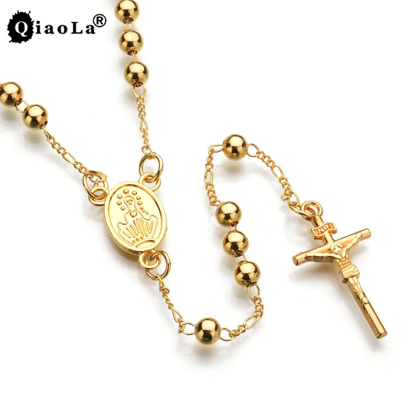 

Qiao La 6mm Gold Big Beads Mary Rosary Cross Chain Necklace Jesus Christ Crucifix Men Women Virgin Long Pendant Prayer Necklace