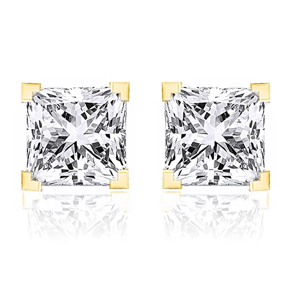 0.90 Ct Square Princess Cut 14K Yellow Gold Diamond Stud Earrings -V Prong