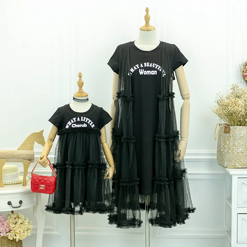 

Mom Girls Dress Mother Daughter Letter Black Dress 2019 Summer Mommy Girl Matching Twinning Party Dress Family Look Outfits