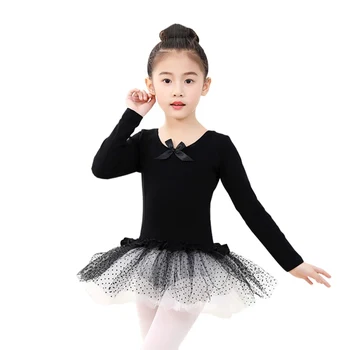 

Kids Bowknot Dance Wear Long Sleeved Gymnastics Leotard Ballet Dancing Dress With Dots Skirt