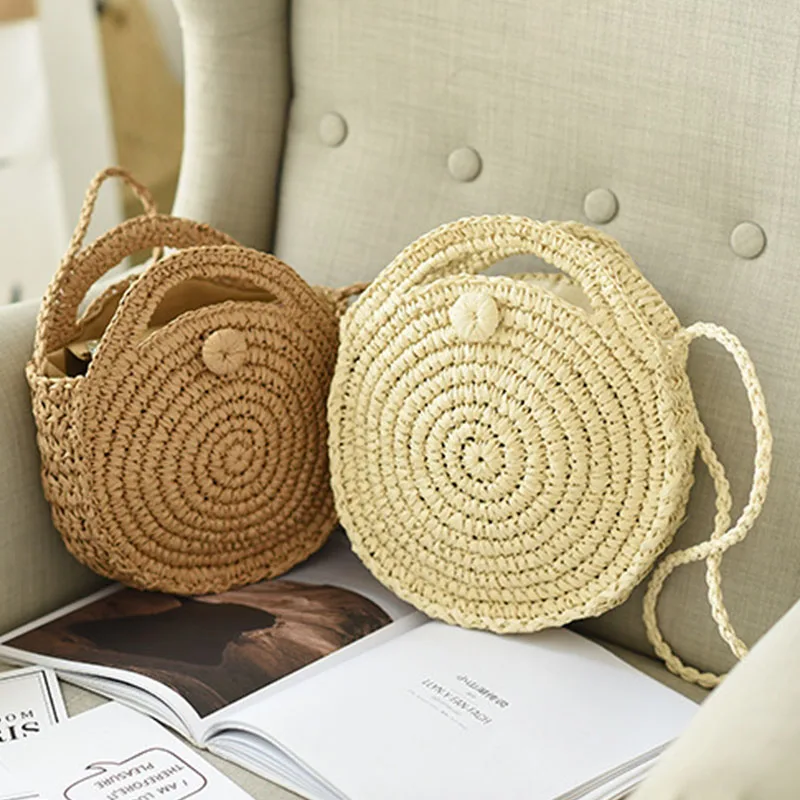 

Mini Vintage Round Paper Rope Beach Bag Inclined Shoulder Bag Handmade Crossbody Straw Girls Circle Rattan Small Bag