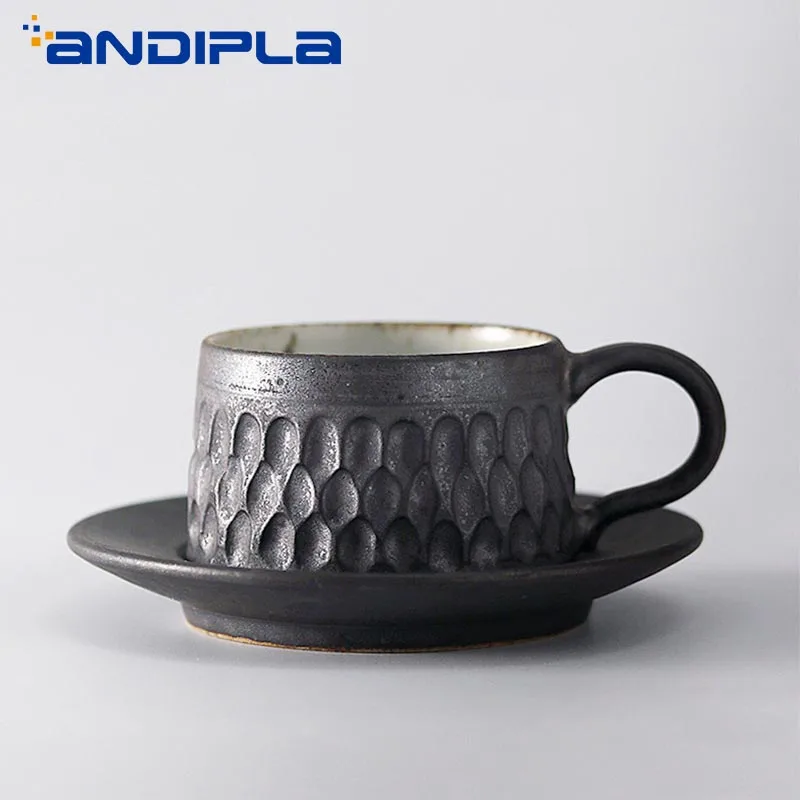 

60cc Vintage Coarse Pottery Espresso Coffee Set Mug Bar Cappuccino Zakka Tazas Cafe Cup and Saucer Kit Drinkware Handgrip Mug
