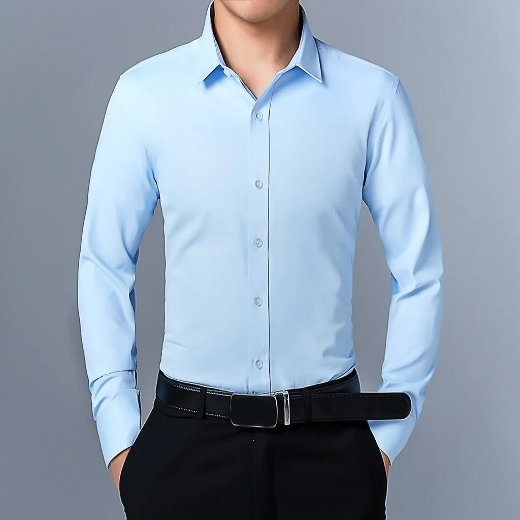 Feitong Slim Business Shirt Men Fashion Style Body-Building Solid Black White Blue Pink Long-Sleeved Autumn All Match Shirts