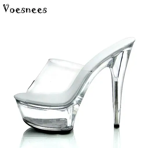 comprar 2017 Novos Slides Modelo Feminino T Palco Passarela Sexy Sapatos de Cristal 15 cm Alto com Solas Grossas Chinelos Plataformas Transparentes