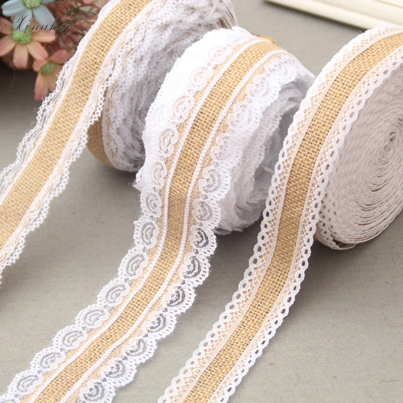 10m Roll Vintage Lace Linen Edged Hessian Burlap Ribbon Rustic DIY Wedding Party 