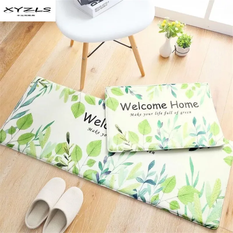XYZLS Pastoral Floor Mats Green Leaves Printed Bathroom Kitchen